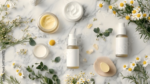 A 3D illustration of organic skincare packaging placed on a marble surface, with natural ingredients like chamomile flowers, shea butter, and eucalyptus leaves scattered around for a fresh, 