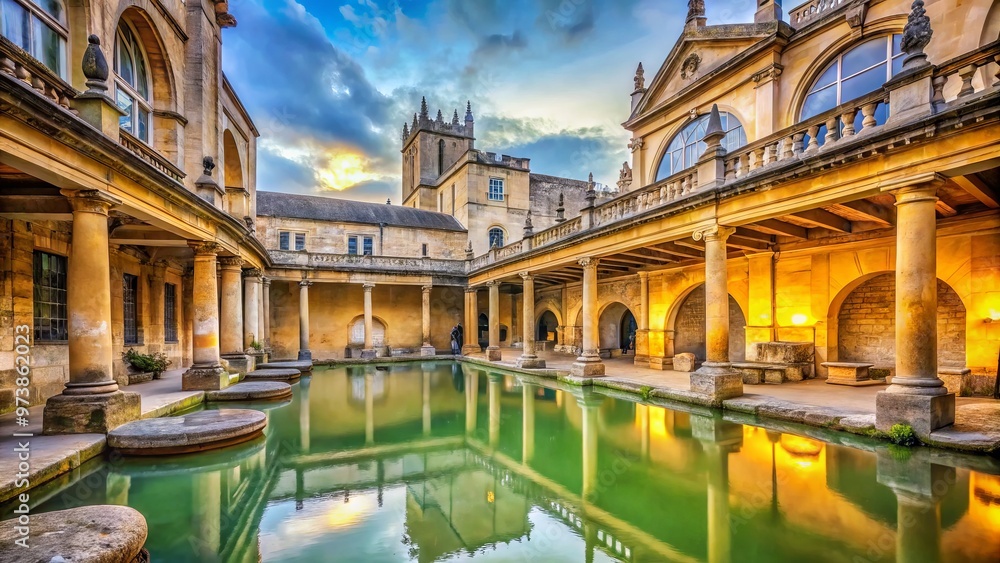 Fototapeta premium Ancient Roman architectural ruins of the Roman Baths, a historic site in Bath, England, surrounded by stone columns,