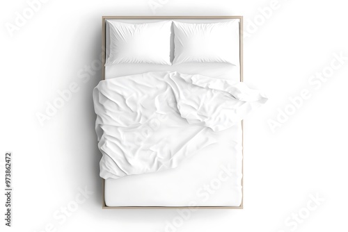 White bed mock up, top view isolated, 3d rendering. Empty blanket and pillows mockup in bedstead photo