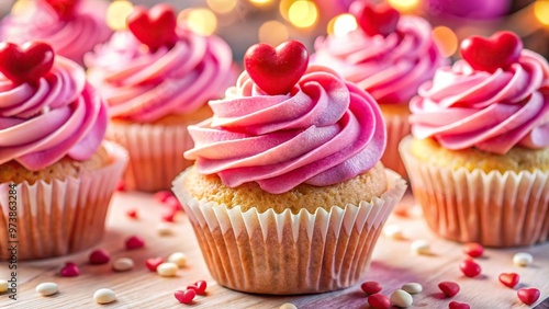 Extreme close-up of sweet cupcakes with heart shaped toppings and festive background