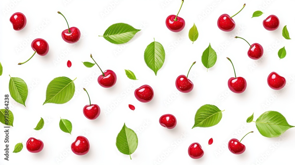 Fresh Red Cherries with Green Leaves on White Background Fresh Red Cherries with Green Leaves on White Background