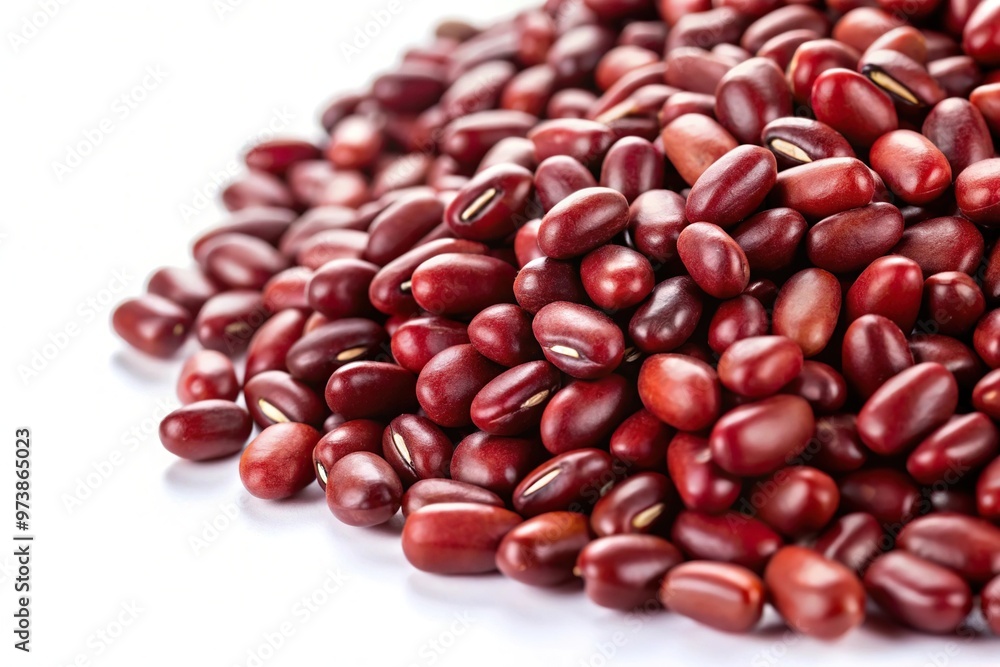 Extreme close-up shot of Azuki bean or red bean seeds on white background Extreme close-up shot of Azuki bean or red bean seeds on white background