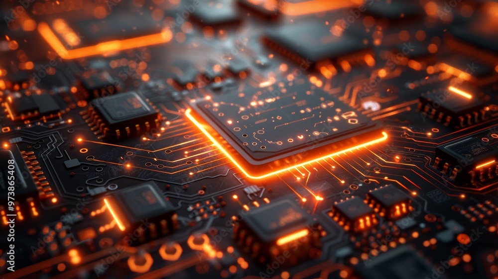 Futuristic Background with Glowing Circuit Board and Microchips - High-Tech Digital Technology Concept Futuristic Background with Glowing Circuit Board and Microchips - High-Tech Digital Technology Concept