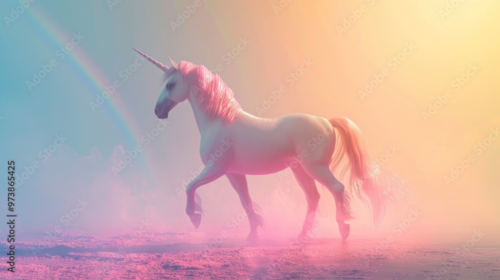 A minimalistic 3D render of a unicorn prancing through a rainbow, showcasing soft pastel colors and a serene atmosphere with mystical elements. A minimalistic 3D render of a unicorn prancing through a rainbow, showcasing soft pastel colors and a serene atmosphere with mystical elements.