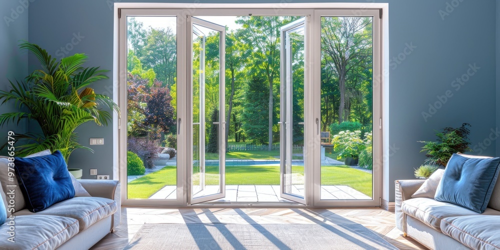 Fototapeta premium Chic designer space provides a glimpse of a lovely summer garden and patio via folding doors.