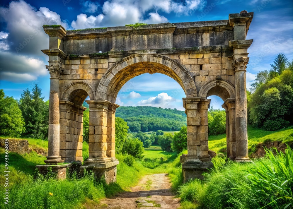 Ancient stone Roman arch stands proudly in a lush green landscape, its intricate carvings and weathered texture telling Ancient stone Roman arch stands proudly in a lush green landscape, its intricate carvings and weathered texture telling