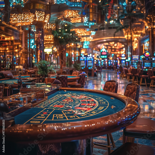 Expansive casino filled with chandeliers and gaming tables, creating a luxurious atmosphere. 