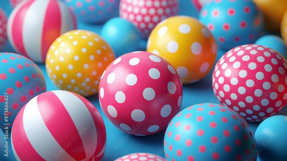 Colorful Polka Dot and Striped Balls on Blue Background - Vibrant and Playful Abstract Design Colorful Polka Dot and Striped Balls on Blue Background - Vibrant and Playful Abstract Design