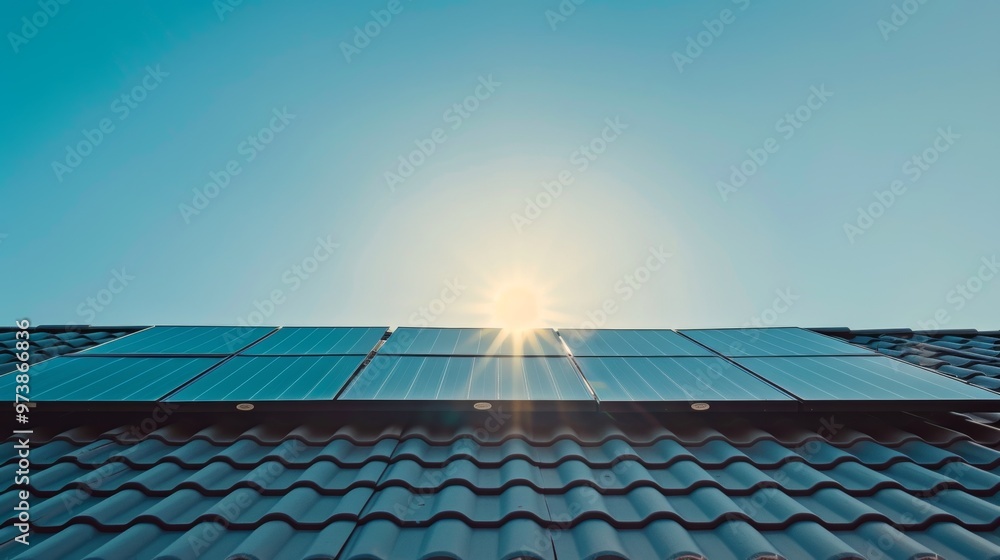 Sustainable Solar Energy with Blue Sky and Pitched Roof Solar Panels Sustainable Solar Energy with Blue Sky and Pitched Roof Solar Panels