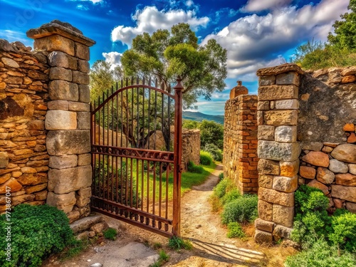 Ancient stone walls and rusty iron gates adorn a rural landscape in the Castillian countryside, evoking a sense photo