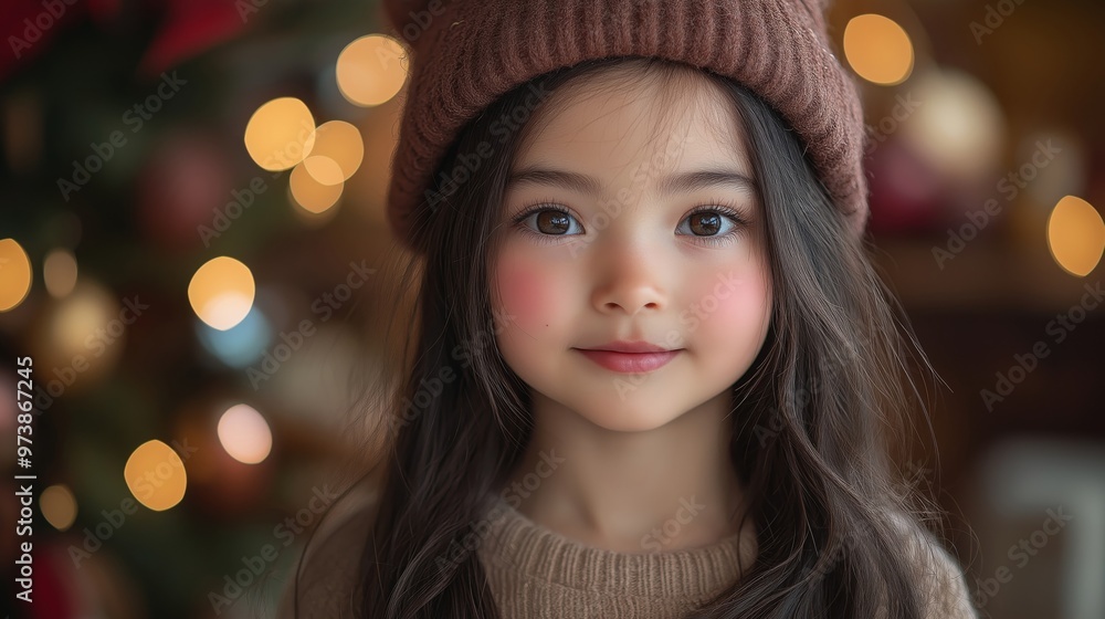 A brunette girl wearing a warm winter hat and cozy sweater, with soft holiday lights in the background, evoking a festive and magical Christmas scene A brunette girl wearing a warm winter hat and cozy sweater, with soft holiday lights in the background, evoking a festive and magical Christmas scene
