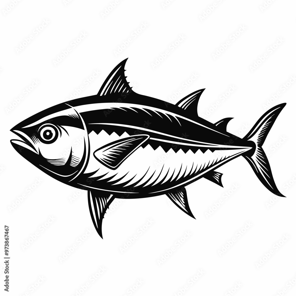 Intricate Black and White Fish Illustration with Bold Details Intricate Black and White Fish Illustration with Bold Details
