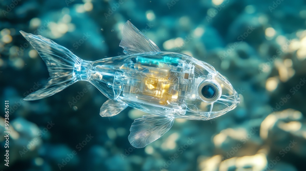 Technological Fish Robot Gliding in Transparent Water with Illuminated Circuits - Futuristic Underwater Scene Technological Fish Robot Gliding in Transparent Water with Illuminated Circuits - Futuristic Underwater Scene