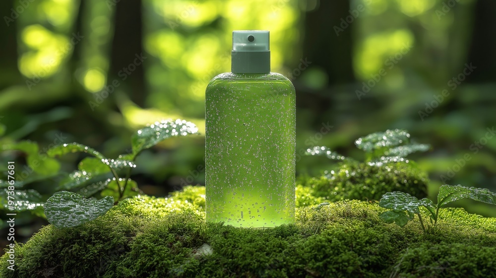 A green shower gel bottle with bubbles inside, standing on lush moss and surrounded by forest plants, highlighting the eco-friendly and biodegradable qualities of the product A green shower gel bottle with bubbles inside, standing on lush moss and surrounded by forest plants, highlighting the eco-friendly and biodegradable qualities of the product