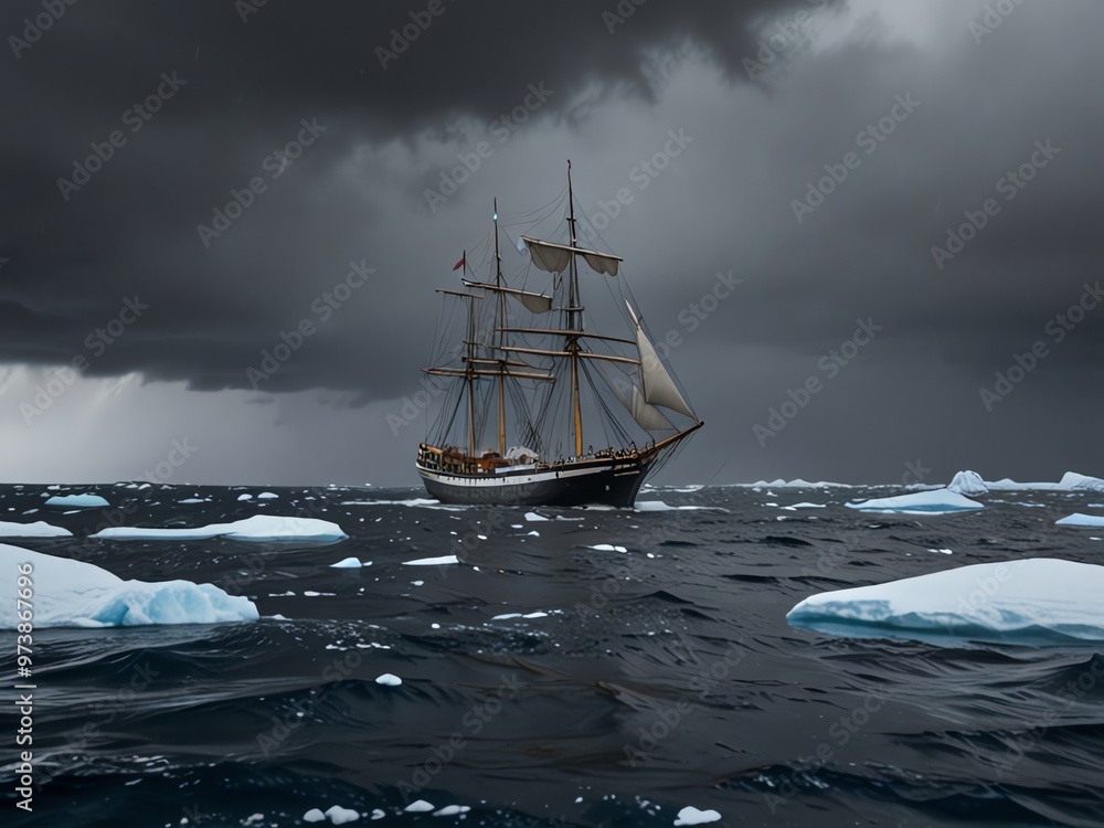 Obraz premium a ship with an iceberg in the background and a cloudy sky in the background.