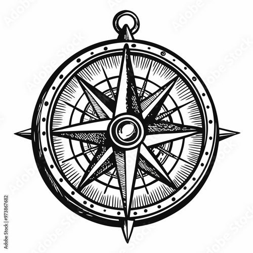 Vintage Nautical Compass Illustration with Intricate Details and Classic Design