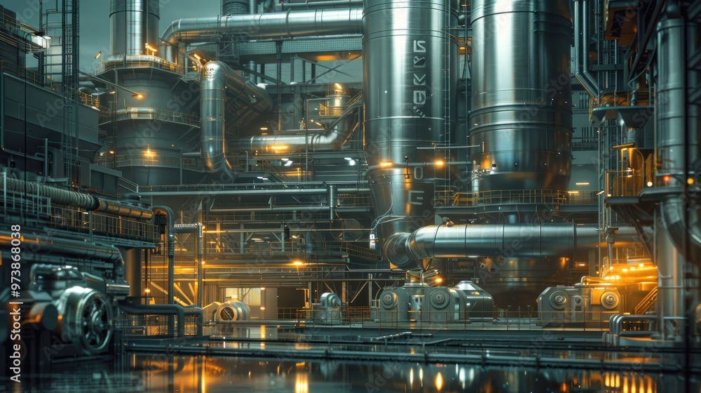 A futuristic recycled carbon energy plant in an industrial zone, featuring advanced carbon capture technology and bright artificial lighting, incredibly detailed and intricate. A futuristic recycled carbon energy plant in an industrial zone, featuring advanced carbon capture technology and bright artificial lighting, incredibly detailed and intricate.