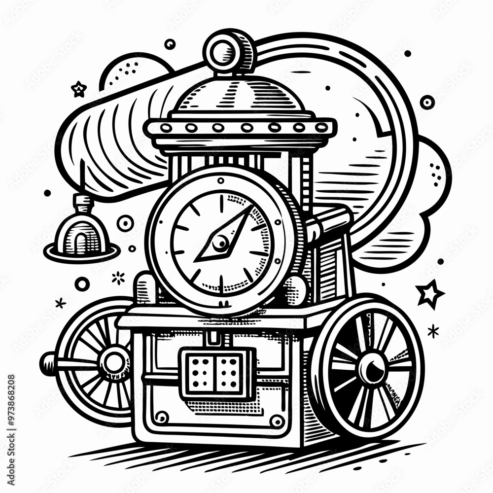 Retro Steam Powered Compass Machine with Celestial Backdrop Retro Steam Powered Compass Machine with Celestial Backdrop