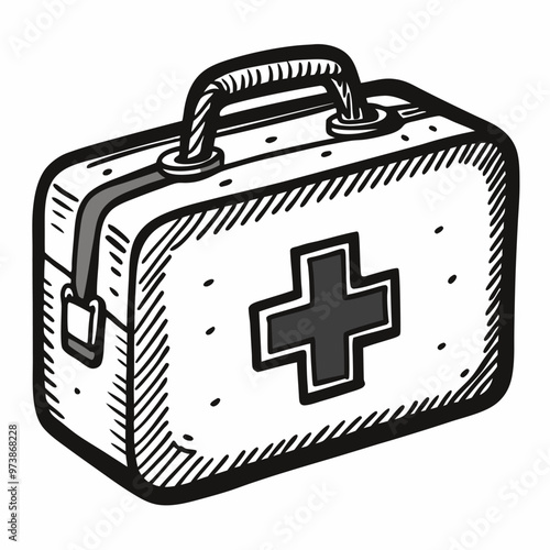 Monochrome Hand Drawn First Aid Kit Illustration with Cross Symbol