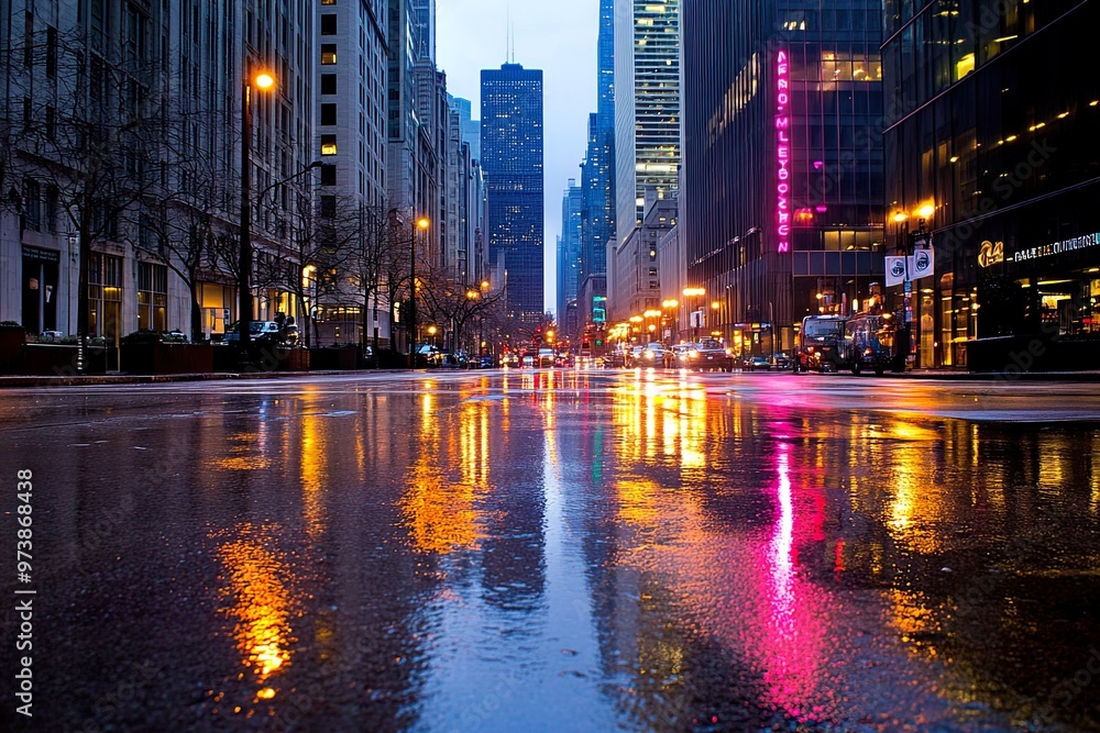 Naklejka premium City street reflecting colorful lights after rain.