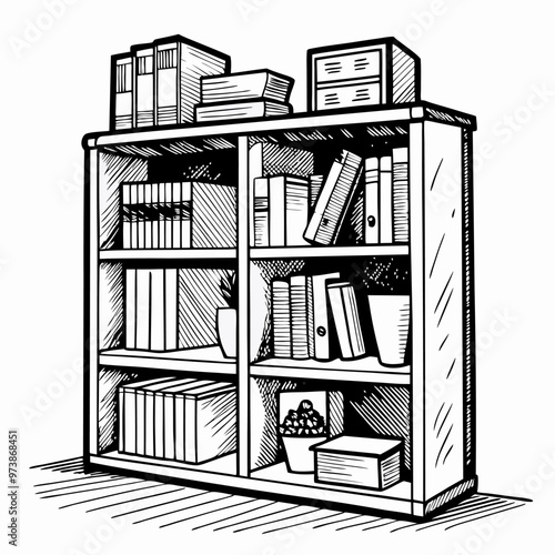 Hand Drawn Bookshelf Illustration with Books and Decor Items in Black and White