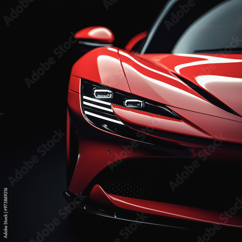 Detailed shot of red car headlights with a sleek, modern design under soft lighting.
 photo