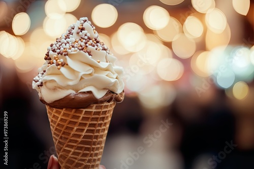 Ice cream cone topped with swirls and sprinkles.