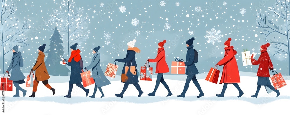 People walking in winter attire, carrying gifts and enjoying a snowy holiday scene filled with festive cheer and warmth. People walking in winter attire, carrying gifts and enjoying a snowy holiday scene filled with festive cheer and warmth.