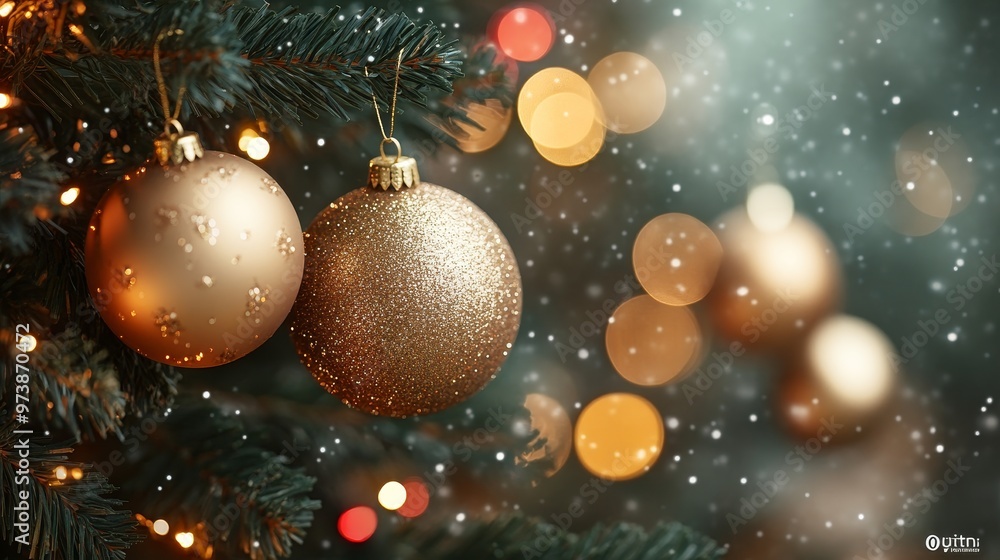 Gold and chocolate ornaments hanging on a Christmas tree with green and red lights, showcasing elegant festive details Gold and chocolate ornaments hanging on a Christmas tree with green and red lights, showcasing elegant festive details
