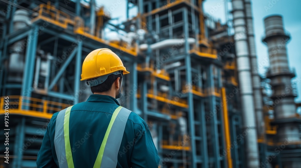 A worker in a yellow hard hat and safety vest stands in front of a large industrial plant, observing the machinery and equipment in the background A worker in a yellow hard hat and safety vest stands in front of a large industrial plant, observing the machinery and equipment in the background