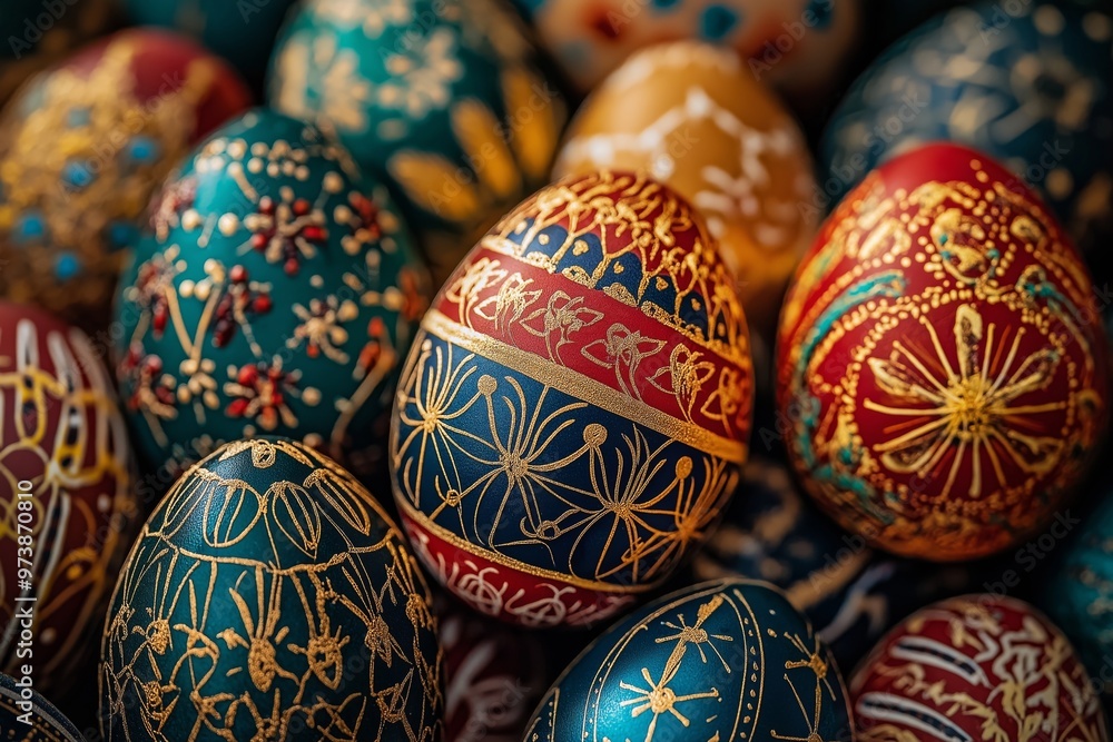 A close-up of intricately designed Easter eggs with detailed patterns in gold, red, and blue, showcasing traditional and artistic hand-painted motifs, perfect for a festive holiday celebration A close-up of intricately designed Easter eggs with detailed patterns in gold, red, and blue, showcasing traditional and artistic hand-painted motifs, perfect for a festive holiday celebration