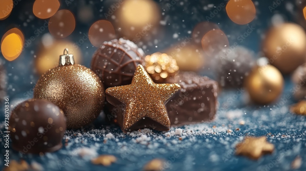 Golden Christmas decorations intertwined with luxury chocolate pralines on a dark blue background. Cinematic, moody lighting, ultra-detailed Golden Christmas decorations intertwined with luxury chocolate pralines on a dark blue background. Cinematic, moody lighting, ultra-detailed