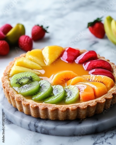 Juicy food styling shot of a fresh fruit tart with a glossy glaze, on a marble background photo