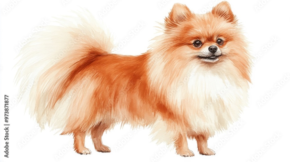 Pomeranian illustrated in watercolor style, with its fluffy fur rendered in soft, blended hues that capture its playful nature. Pomeranian illustrated in watercolor style, with its fluffy fur rendered in soft, blended hues that capture its playful nature.