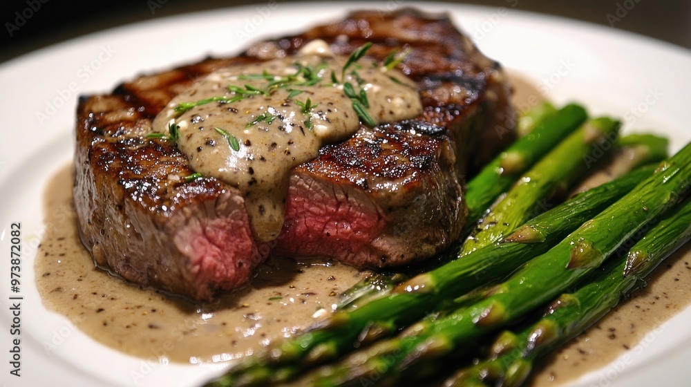 Juicy gourmet steak with a truffle butter sauce and grilled asparagus, elegant presentation Juicy gourmet steak with a truffle butter sauce and grilled asparagus, elegant presentation