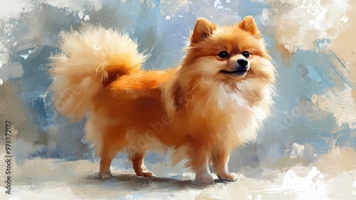 Pomeranian with a detailed textured pattern, emphasizing the richness and fluffiness of its coat in an artistic manner. photo