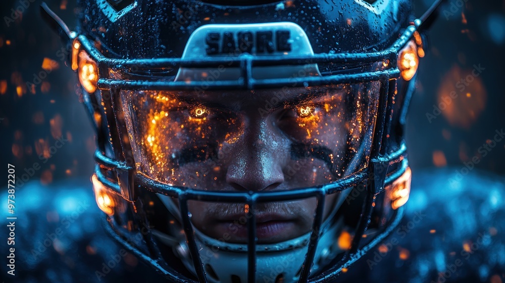 Intense close-up of a football player in a helmet with fiery effects. Intense close-up of a football player in a helmet with fiery effects.