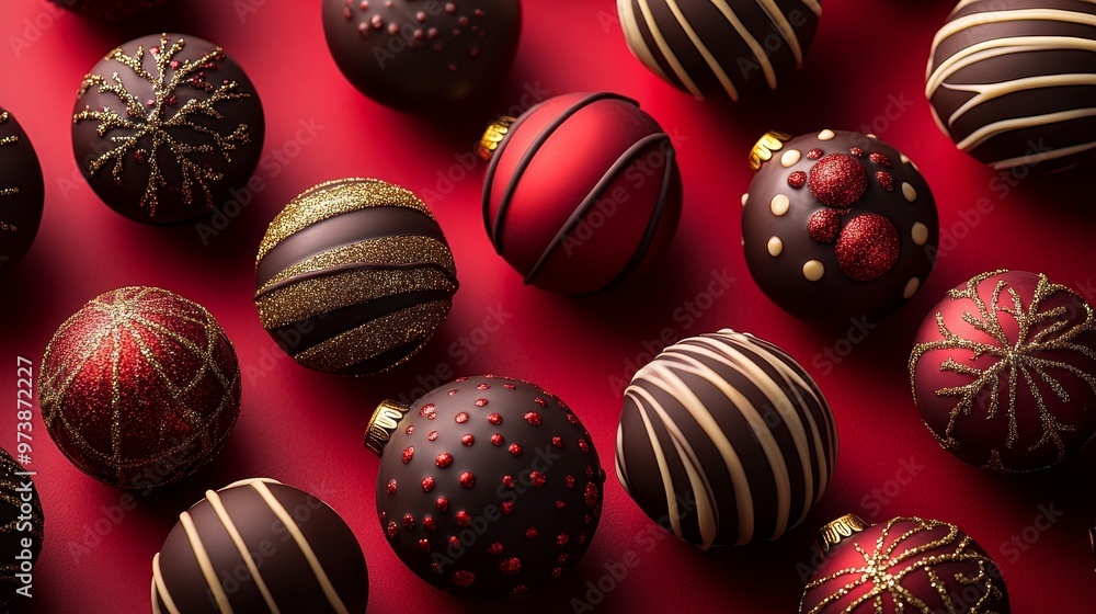 Luxurious chocolate ornaments with gold accents on a rich brown background, reflecting the indulgence of the holiday season, photorealistic, high detail Luxurious chocolate ornaments with gold accents on a rich brown background, reflecting the indulgence of the holiday season, photorealistic, high detail