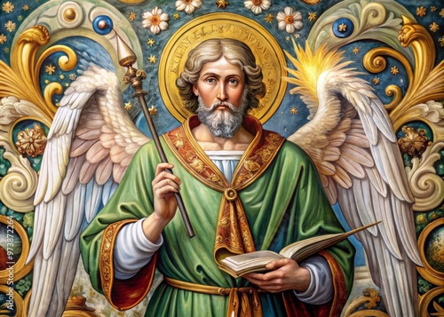 An ornate illustration of a winged saint with a quill and inkwell, surrounded by symbols of divine inspiration, photo