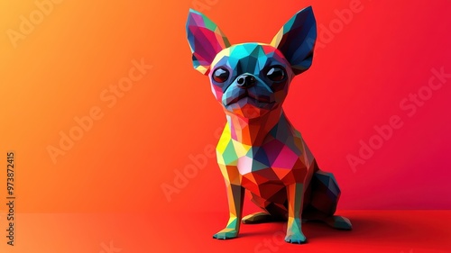 Chihuahua in a stylized 3D illustration, using geometric shapes and bright colors to create a contemporary and eye-catching design.