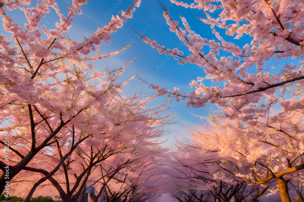 Cherry blossom trees in full bloom during spring with delicate pink flowers. Cherry blossom trees in full bloom during spring with delicate pink flowers.