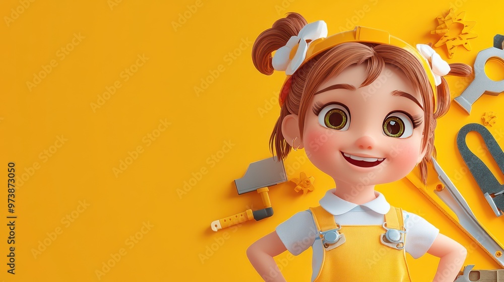 A cheerful cartoon girl with tools, set against a bright yellow background. A cheerful cartoon girl with tools, set against a bright yellow background.