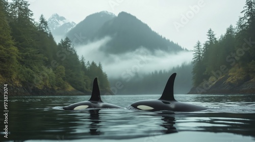 Two orcas swimming in a calm lake with misty mountains and dense forests in the background, creating a serene and natural wildlife scene