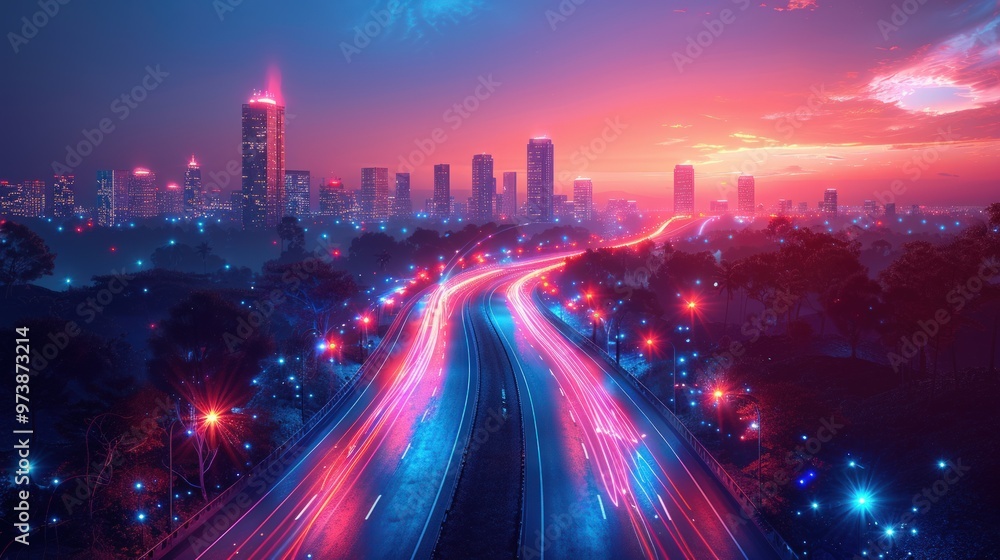 Cityscape with a highway and glowing lights in the evening. Cityscape with a highway and glowing lights in the evening.