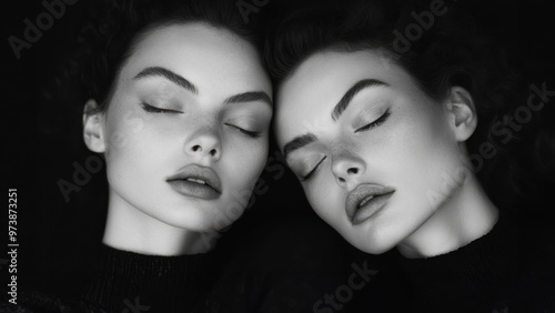 Black and white image of beautiufl twin sisters with their eyes closed and resting their heads together. Dream-like and serene. Studio portrait. photo