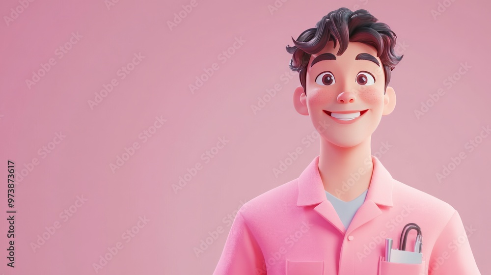A cheerful animated character in a pink shirt, smiling and holding a pen in a playful setting. A cheerful animated character in a pink shirt, smiling and holding a pen in a playful setting.