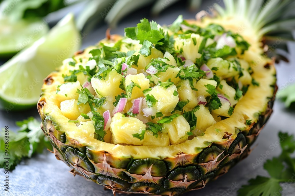 Juicy pineapple salsa served in a pineapple shell, with fresh cilantro and lime wedges Juicy pineapple salsa served in a pineapple shell, with fresh cilantro and lime wedges