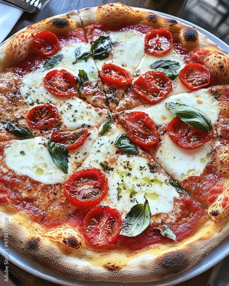 © sirisakboakaew - Juicy pizza with a crispy crust, loaded with fresh tomatoes, mozzarella, and basil
