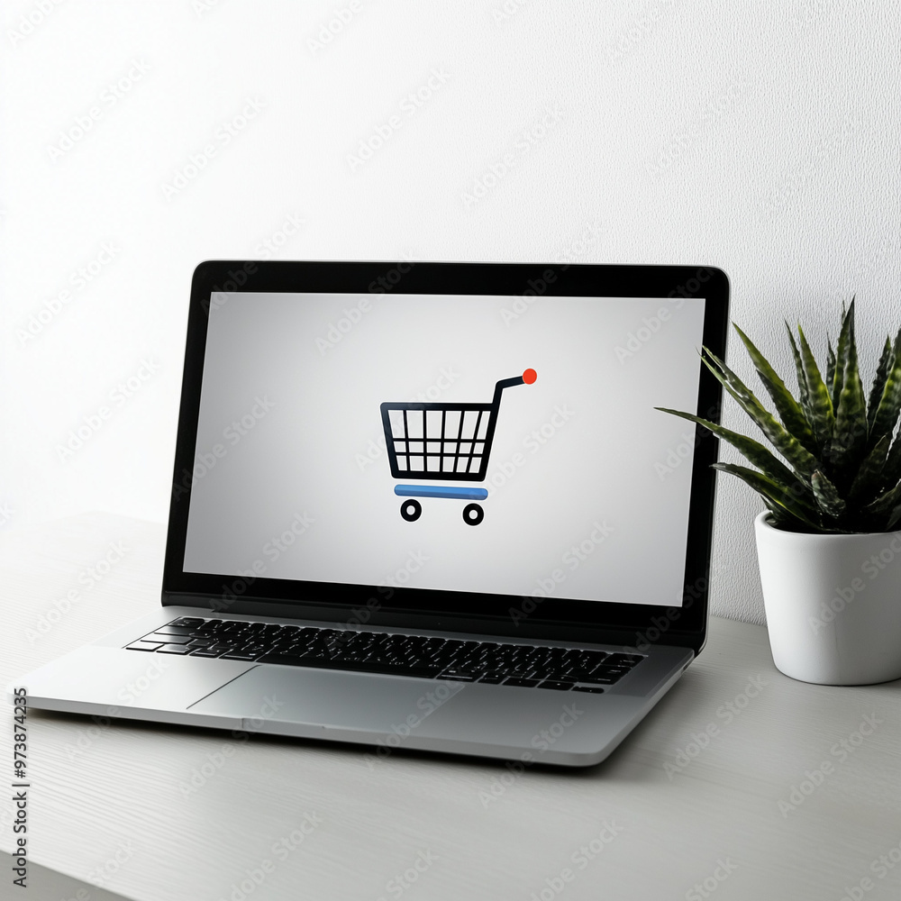 Laptop Displaying Shopping Cart Icon on Screen in Modern Minimalist Workspace Laptop Displaying Shopping Cart Icon on Screen in Modern Minimalist Workspace