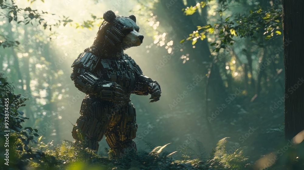 Futuristic Robotic Bear Standing in a Sunlit Forest Futuristic Robotic Bear Standing in a Sunlit Forest